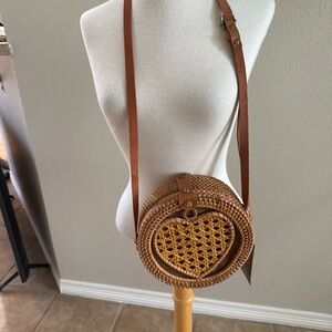Women's Boho Rattan Bag - Handwoven Round W Heart Circle Purse 8x8x3.5